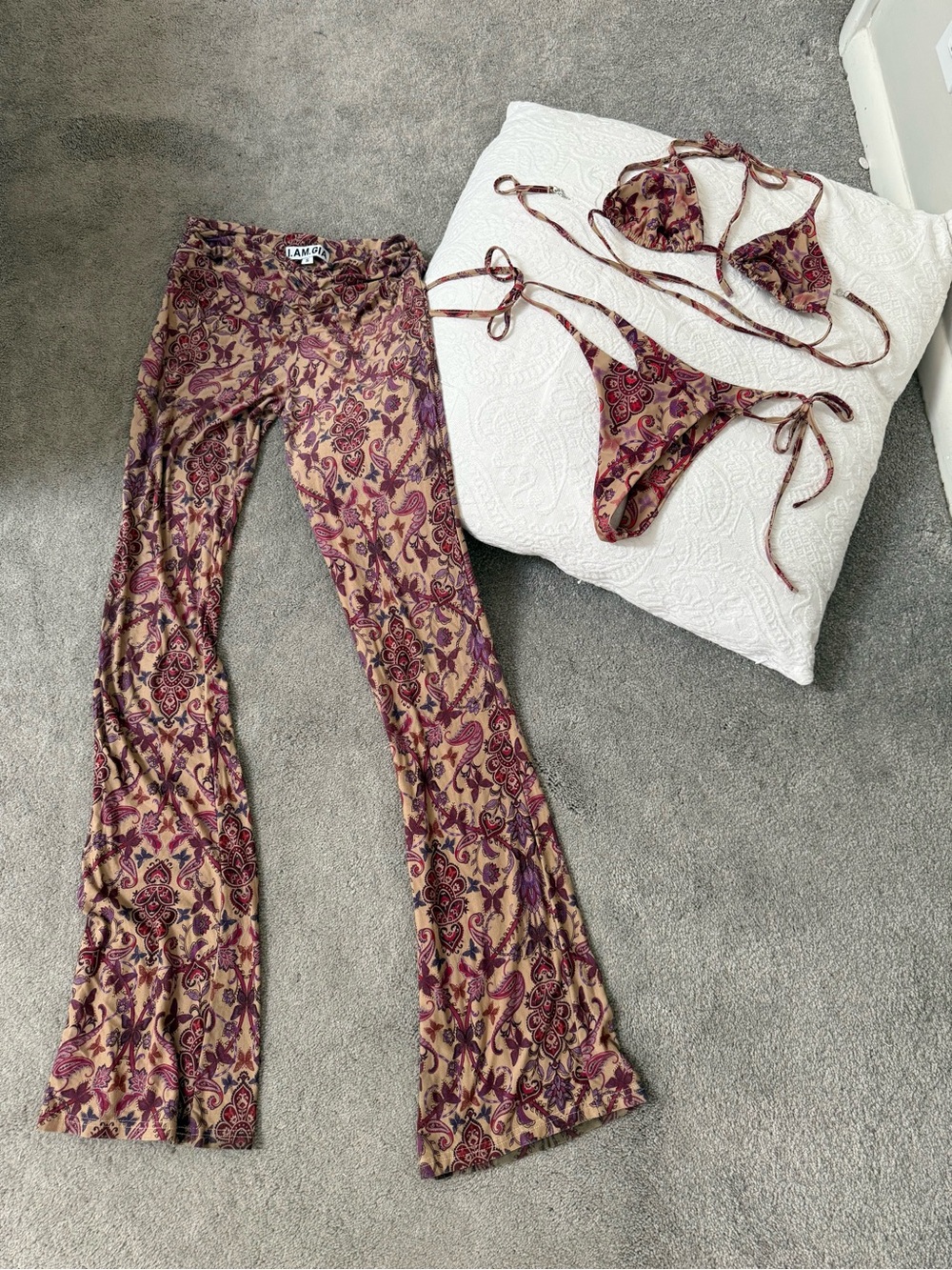I.AM.GIA Tie-String Bikini Set + Matching Flared Pants - Beige & Plum